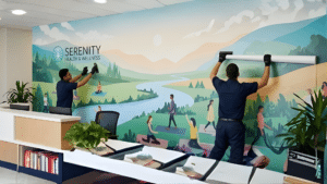 Technicians installing large office wall graphics mural in a healthcare wellness reception area