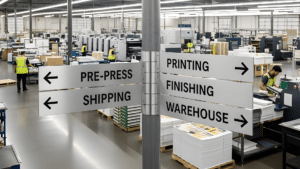 Wayfinding signage directing pre-press, printing, finishing, shipping, and warehouse areas inside a commercial printing facility