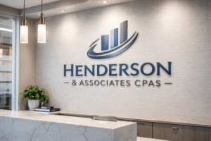 A sleek, brushed aluminum lobby sign for a financial services firm in Jacksonville, FL