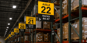 Large, high-contrast yellow and black aisle markers suspended from the ceiling of a modern warehouse.