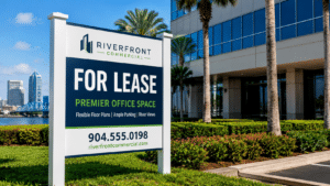 A large, custom-branded commercial real estate "For Lease" post and panel sign installed in front of an office building in Jacksonville, FL.