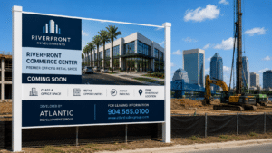 A large post and panel construction site signage board displaying architectural renderings for a new commercial development in Jacksonville, FL.