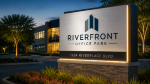 A modern, newly installed property management monument sign featuring brushed aluminum and LED illumination in front of a commercial office park.