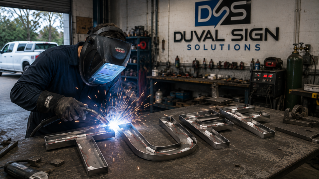 A professional sign fabricator welding a custom aluminum sign frame in a well-equipped workshop.
