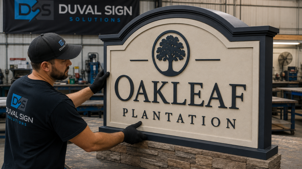 A sign fabricator inspecting a premium high-density urethane (HDU) monument sign before installation in Jacksonville, FL.