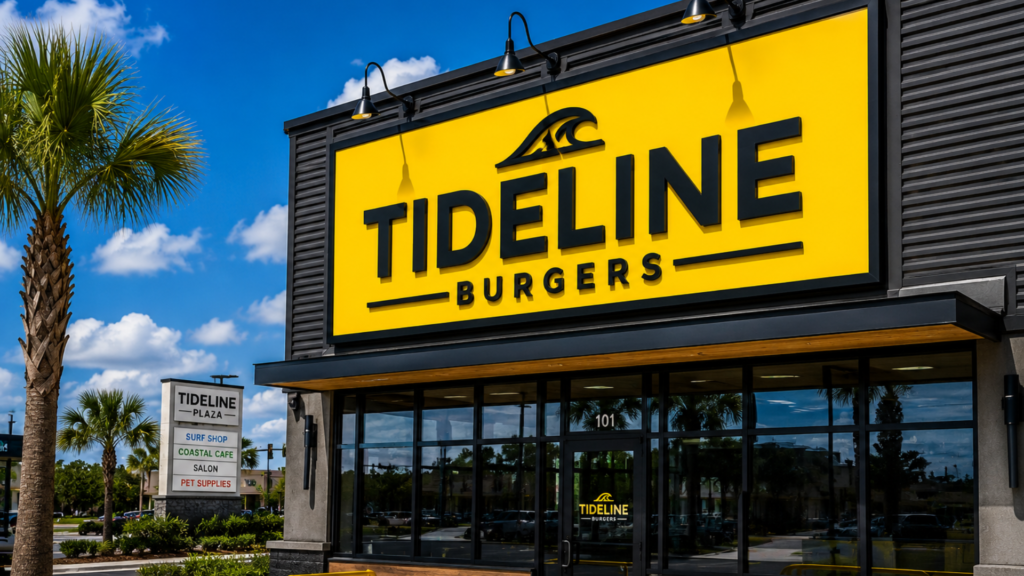 A bright yellow and black high-contrast commercial sign that stands out clearly against a blue Florida sky.