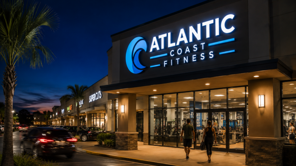 A brightly illuminated commercial storefront sign attracting customers at night in a busy Jacksonville retail center.