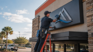 Professional sign technician performing maintenance and repairs on an exterior commercial business sign in Jacksonville, Florida.