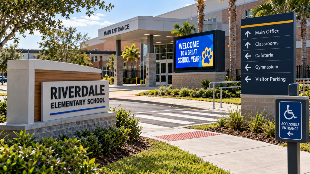Jacksonville school campus with monument signage, directional wayfinding, accessible entrance signs, and a digital display